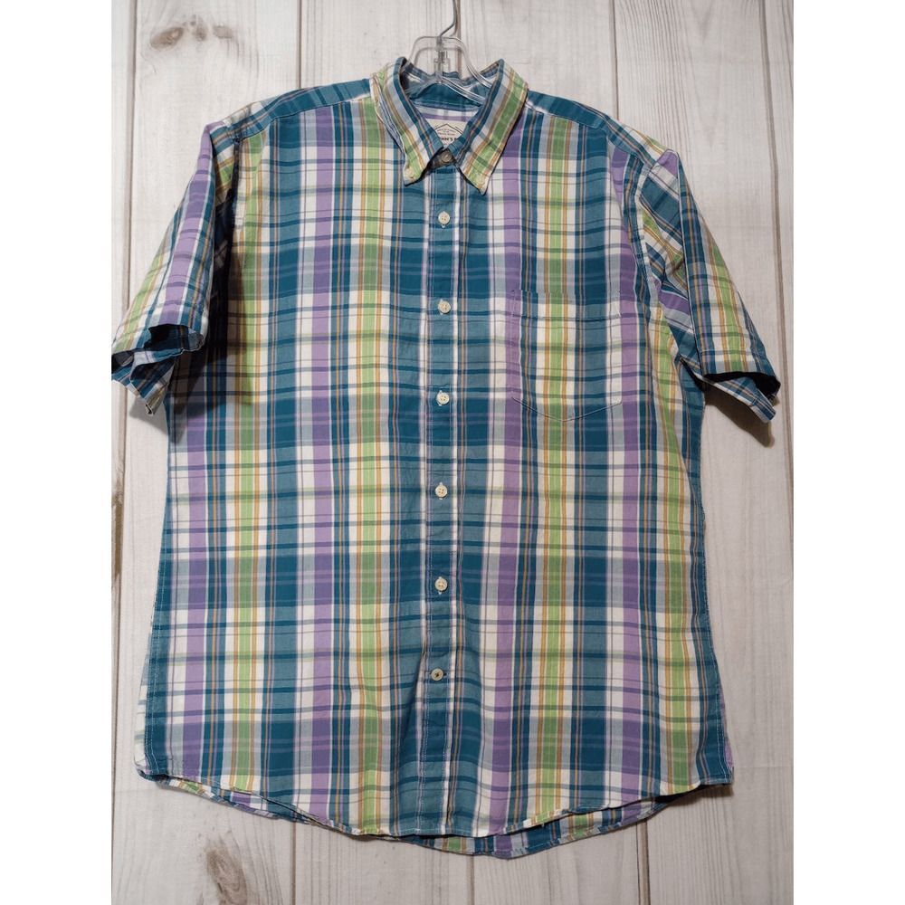 St Johns Bay Shirt Men's Large Blue Green Plaid Button Front Short Sleeve